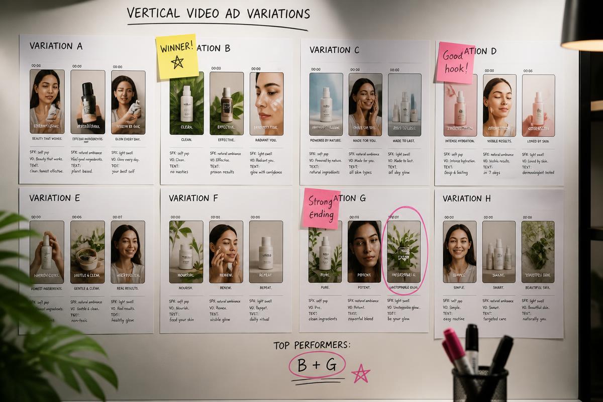 A team comparing multiple vertical Meta ad concepts and performance signals