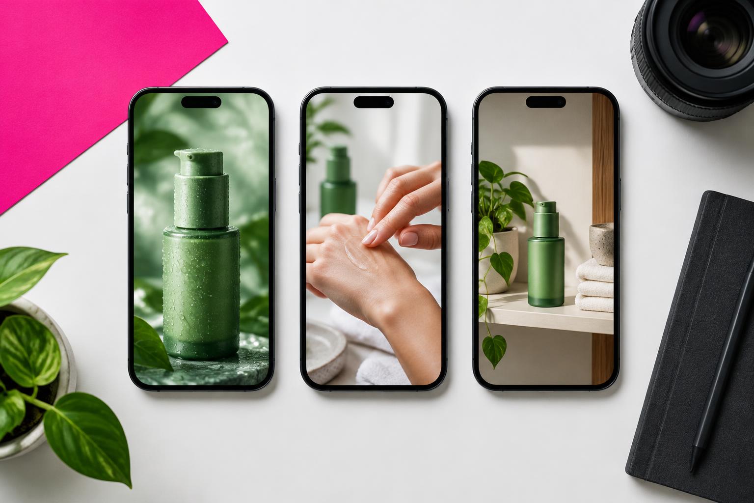 Three phones displaying different skincare product creative concepts on a studio desk