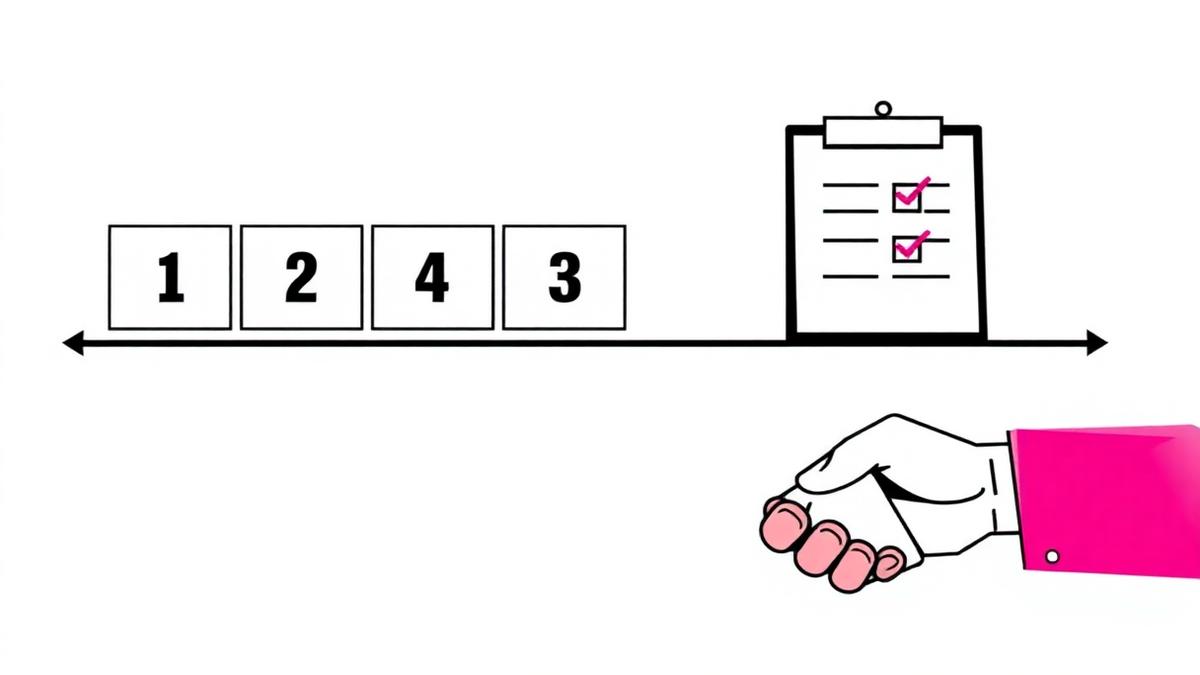 Neo-brutalist illustration of a three-stage roadmap with a checklist and handshake in pink and white