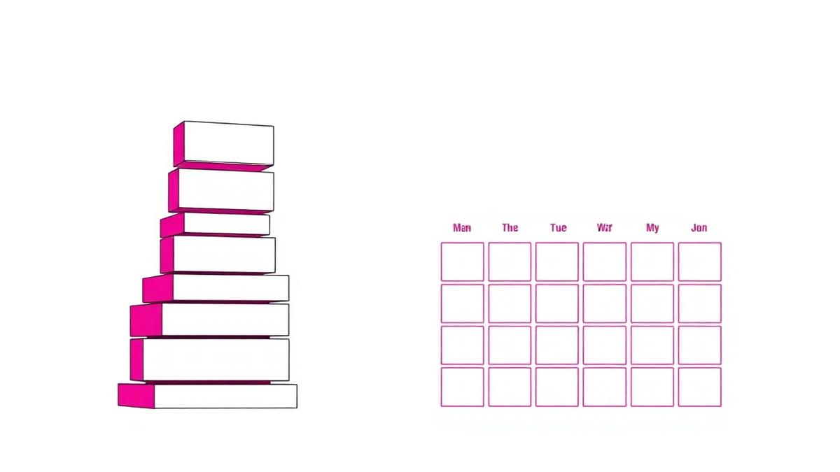 Neo-brutalist illustration of stacked video blocks forming a bar chart beside a monthly content calendar grid