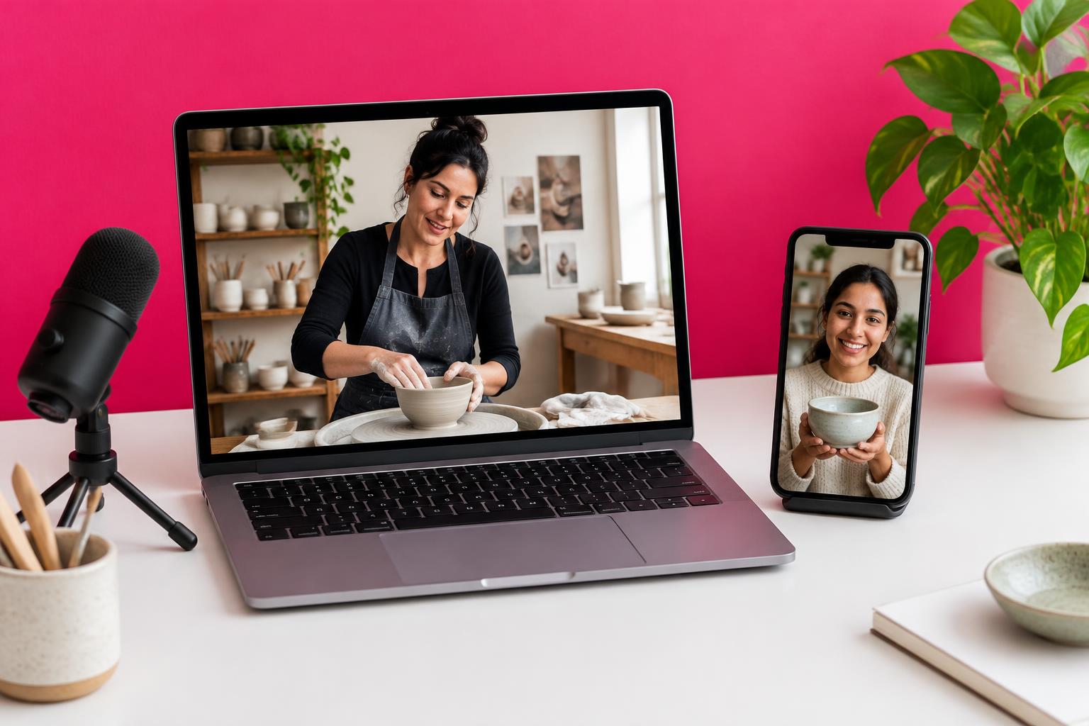 Illustrative online pottery lesson beside a phone showing a learner holding a ceramic bowl