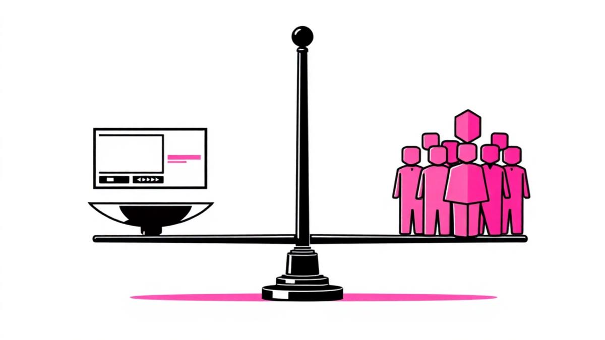 Neo-brutalist illustration of a balance scale weighing a single editing timeline against a team of people