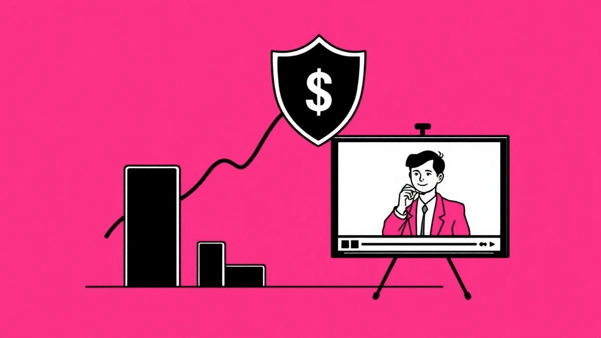 Neo-brutalist illustration of a rising chart, a protective shield and an advisor speaking to camera