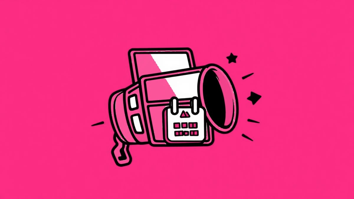 Neo-brutalist illustration of a funnel made of video frames feeding into a booking calendar