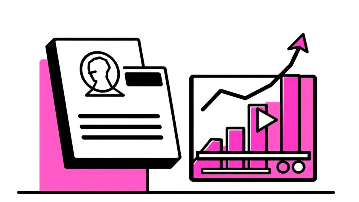 Neo-brutalist illustration of a LinkedIn profile card next to a rising performance chart in pink and white