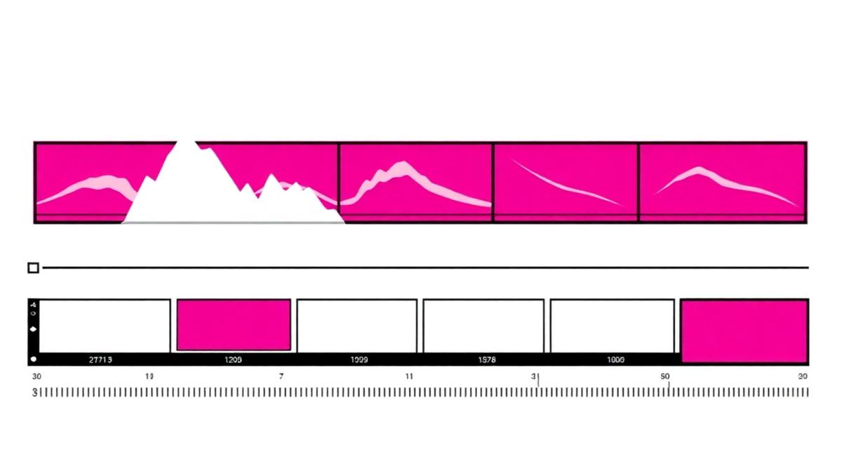 Neo-brutalist graphic of an editing timeline with waveform and clips in hot pink, black and white
