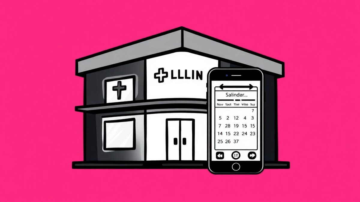 Neo-brutalist illustration of a clinic building, a short-form video on a phone, and a booked appointment calendar