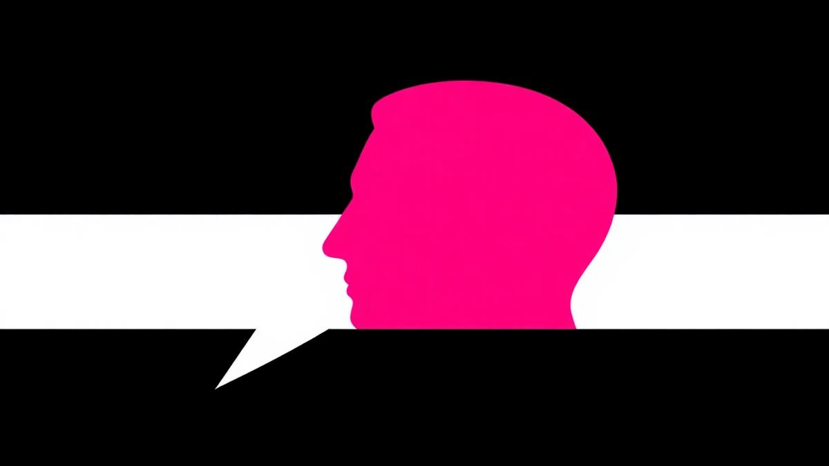 Neo-brutalist graphic of a profile silhouette and speech shape in hot pink, black and white