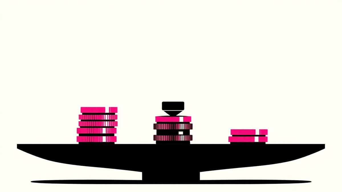 Neo-brutalist graphic of scales and coin stacks in hot pink, black and white