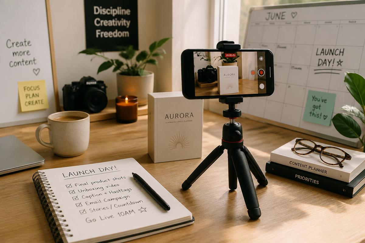 A phone on a tripod filming a new product box beside a launch-day checklist