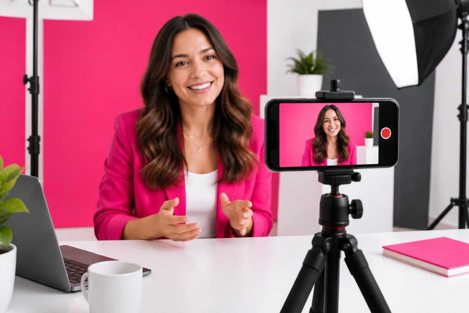Illustrative studio scene of a business owner recording a customer-story video on a phone