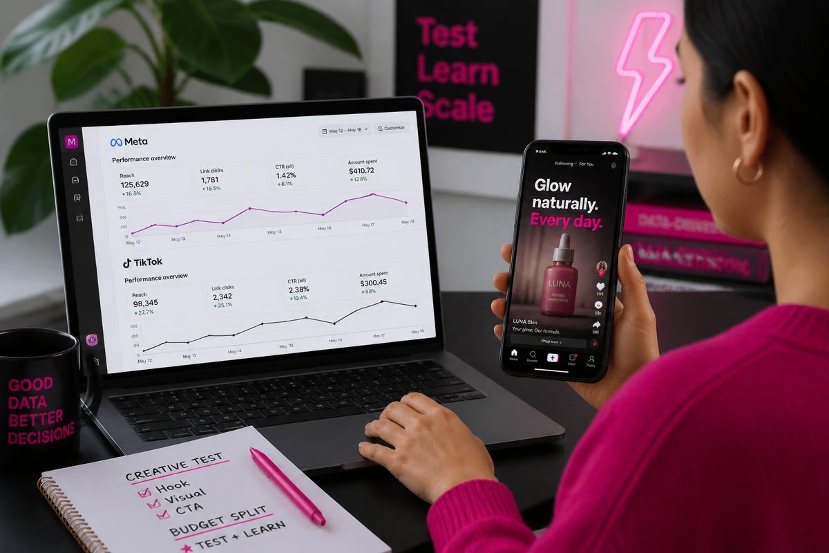 A marketer comparing advertising dashboards on a laptop beside a vertical video ad on a phone
