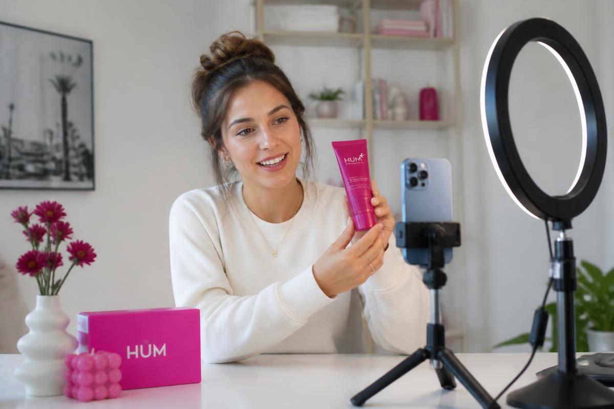 A creator filming a product demonstration on a phone tripod in a bright home studio