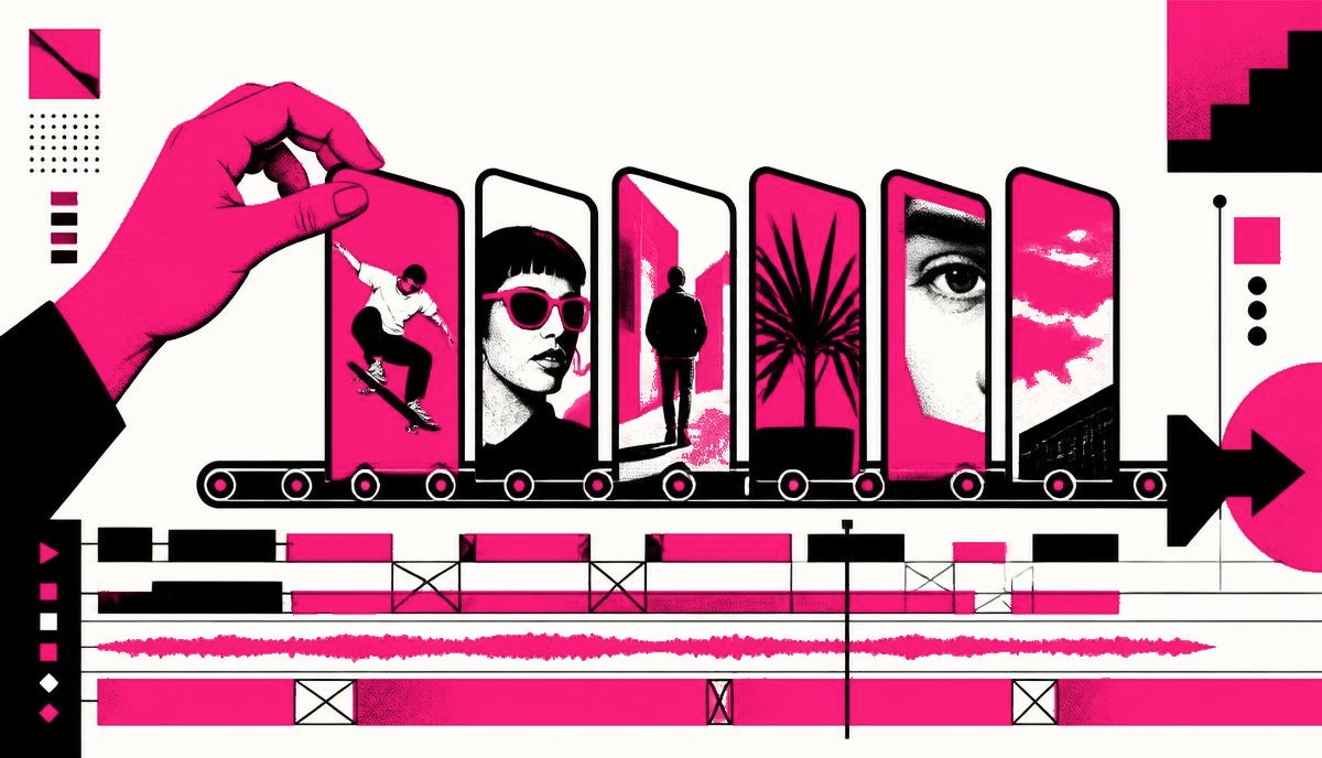 Neo-brutalist graphic of a content production line for US businesses