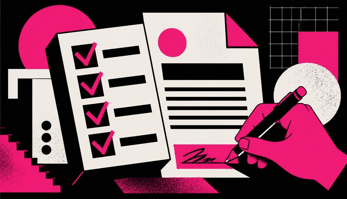 Neo-brutalist checklist and contract graphic for hiring a social media agency