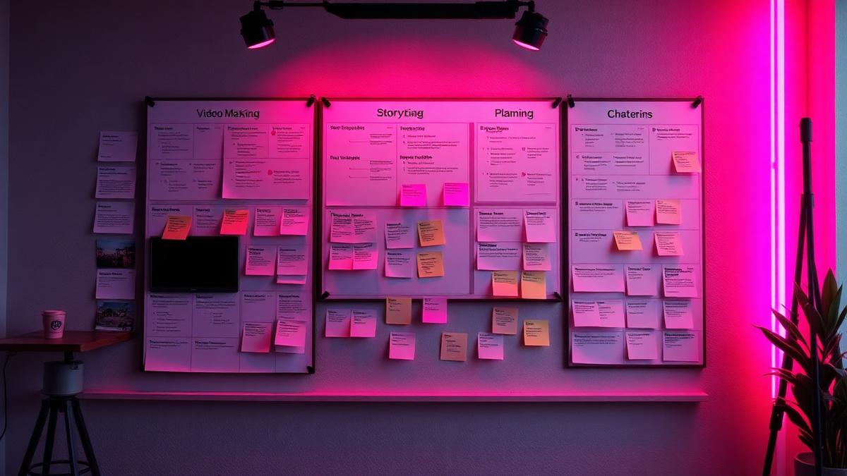 A marketing team mapping out a video content strategy on a whiteboard with sticky notes